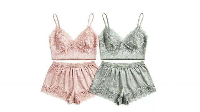 Delicate Lace Bralette and Shorts Pajama Sets in Pastel Pink and Mint Green for Comfortable Sleep