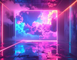 Futuristic room, a giant screen displays a dreamlike cloudy sky