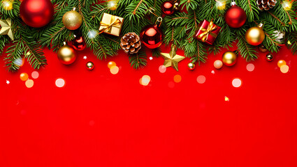 A festive red background with a top border of beautiful Christmas decorations, including fir branches and golden ornaments.