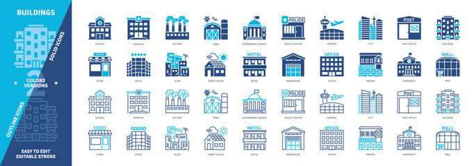 Buildings icon set. Mall, Slum, Government Agency, Office, Hotel, Airport, School, Factory. Duotone color solid and editable outline icons