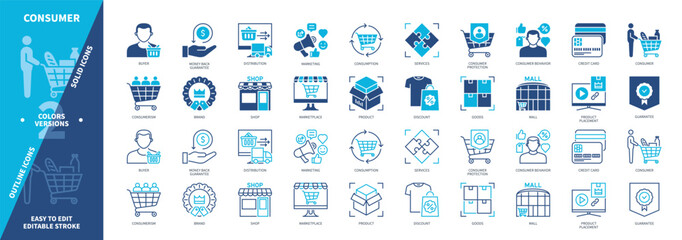 Consumer icon set. Brand, Consumption, Marketing, Store, Guarantee, Mall, Distribution, Discount. Duotone color solid and editable outline icons