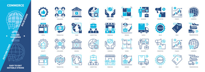 Commerce icon set. Consumers, Retail, Economy, Franchise, Supply, Demand, Banking, Promotion, Sale. Duotone color solid and editable outline icons