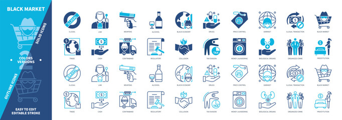 Black Market icon set. Illegal, Black Economy, Money Laundering, Alcohol, Prostitution, Contraband, Weapon, Drugs. Duotone color solid and editable outline icons