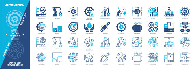 Automation icon set. Machinery, Equipment, Mechanical, Advanced Robotics, Performance, CNC Machine, Technology, Devices. Duotone color solid and editable outline icons