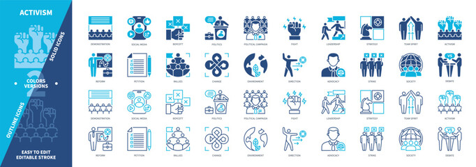 Activism icon set. Reform, Boycott, Strike, Petition, Advocacy, Demonstration, Change, Success. Duotone color solid and editable outline icons