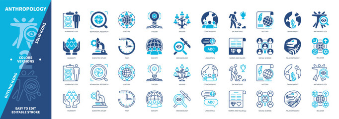 Anthropology icon set. Archaeology, Kinship, Excavations, Humanity, History, Past, Religion, Ethnography. Duotone color solid and editable outline icons