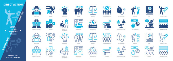 Direct Action icon set. Violence, Hacktivism, Strike, Sabotage, Murder, Encounter, Tax Resistance, Demonstration. Duotone color solid and editable outline icons