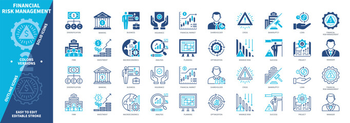 Financial Risk Management icon set. Firm, Management, Loan, Bankruptcy, Shareholder, Investment, Analysis, Minimize Risk. Duotone color solid and editable outline icons
