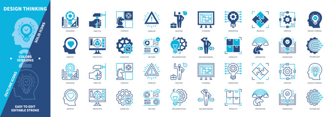 Design Thinking icon set. Ideation, Strategy, Technology, Knowledge, Method, Innovation, Inspiration, Prototype. Duotone color solid and editable outline icons