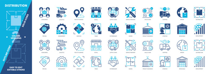 Distribution icon set. Supply Chain, Consumers, Shipping, Management, Wholesale, Product, Pricing, Development. Duotone color solid and editable outline icons