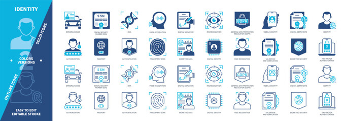 Identity icon set. Authentication, Personal Data, Iris Recognition, DNA, ID Card, Drivers License, Mobile Identity, Biometric Security. Duotone color solid and editable outline icons