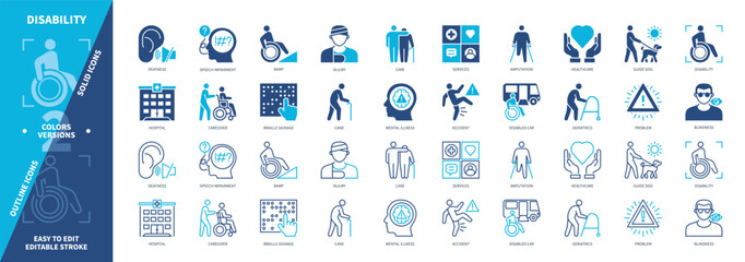 Disability icon set. Deafness, Mental Illness, Injury, Blindness, Guide Dog, Speech Impairment, Disabled Car, Ramp. Duotone color solid and editable outline icons