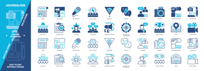 Journalism icon set. Social Issues, News, Dispute, Investigation, Interview, Viewpoint, Influence, Pluralism. Duotone color solid and editable outline icons