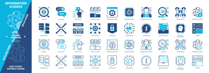 Information Science icon set. Classification, Organization, Linguistic, Movement, Dissemination, Analysis, Storage, Interaction. Duotone color solid and editable outline icons