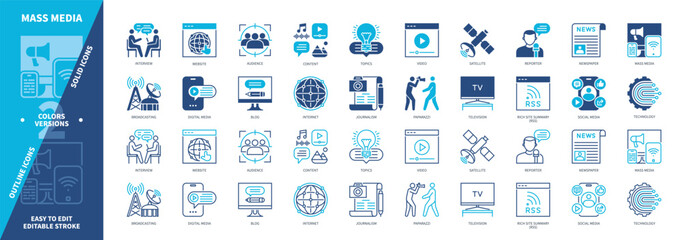 Mass Media icon set. Digital Media, Internet, Satellite, Television, Video, Journalism, Topics, Reporter. Duotone color solid and editable outline icons