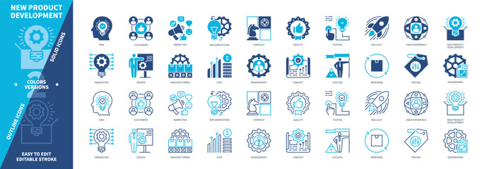 New Product Development icon set. Rollout, Design, Success, Manufacturing, Engineering, Pricing, Concept, Cost. Duotone color solid and editable outline icons