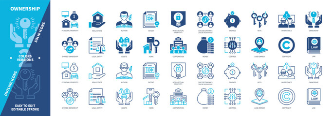 Ownership icon set. Inheritance, Savings, Real Estate, Personal Property, Home, Copyright, Author, Assets. Duotone color solid and editable outline icons