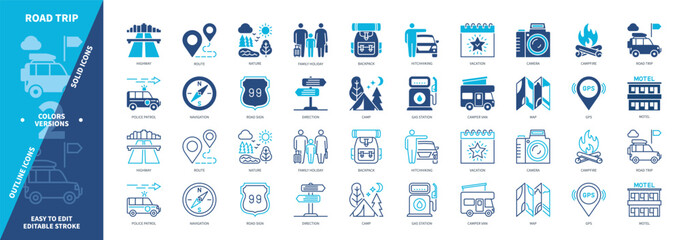 Road Trip icon set. Camera, Highway, Family Holiday, Motel, Gas Station, Hitchhiking, Navigation, Camp Fire. Duotone color solid and editable outline icons