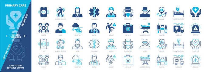 Primary Care icon set. Ambulance, Emergency, Blood Transportation, Accident, Rescuer, Hospital, First Aid, Surgery. Duotone color solid and editable outline icons