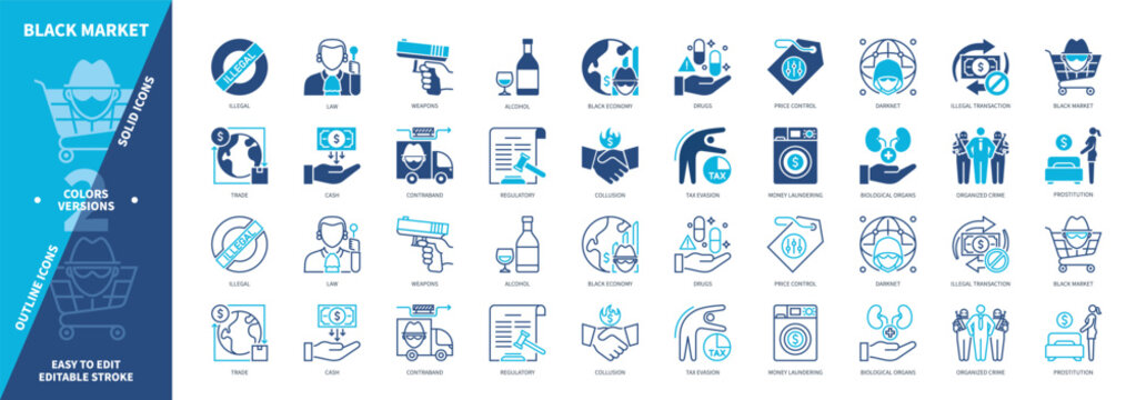 Black Market icon set. Illegal, Black Economy, Money Laundering, Alcohol, Prostitution, Contraband, Weapon, Drugs. Duotone color solid and editable outline icons