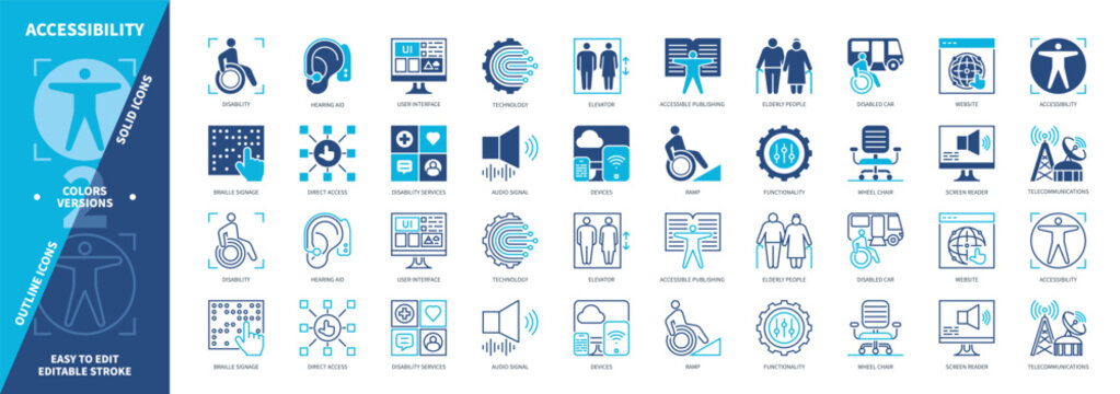 Accessibility icon set. Direct Access, Disability, Braille Signage, Disabled Car, Screen Reader, Elevator, Ramp, Accessible Publishing. Duotone color solid and editable outline icons