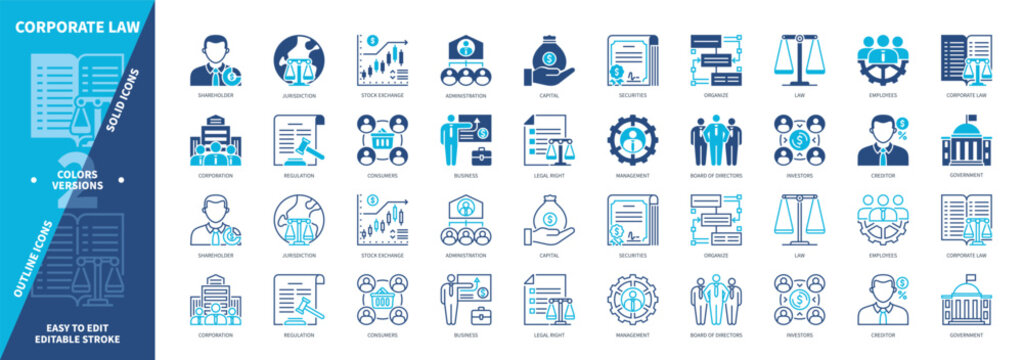 Corporate Law icon set. Regulations, Consumers, Jurisdiction, Investors, Corporation, Organize, Securities, Creditor. Duotone color solid and editable outline icons