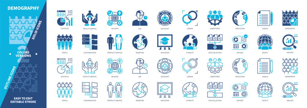 Demography icon set. Statistics, Census, Fertility, Gender, Population, Research, Labor Force, Ethnicity. Duotone color solid and editable outline icons