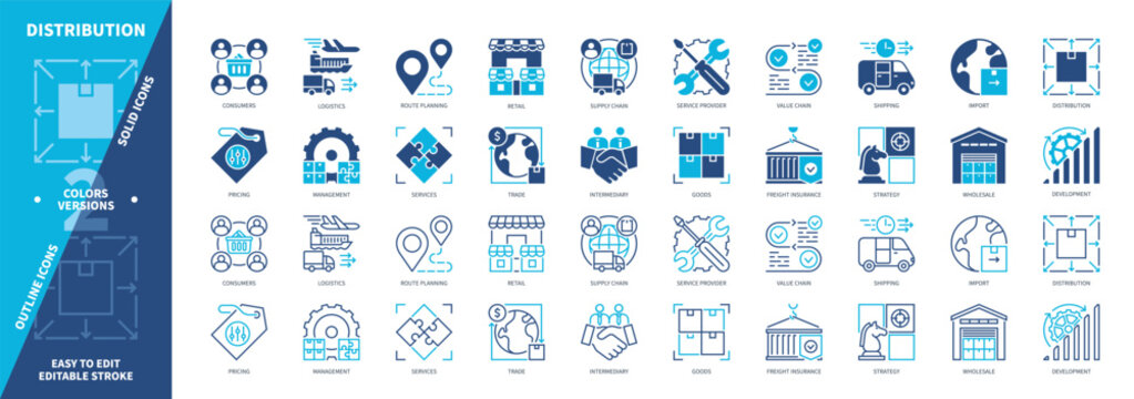 Distribution icon set. Supply Chain, Consumers, Shipping, Management, Wholesale, Product, Pricing, Development. Duotone color solid and editable outline icons