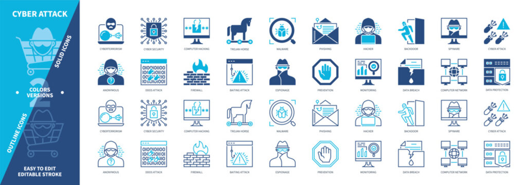 Cyber Attack icon set. Espionage, Trojan Horse, Data Breach, Firewall, Computer Hacking, Prevention, Malware, Backdoor. Duotone color solid and editable outline icons