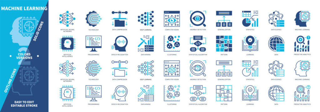 Machine Learning icon set. Pattern, Statistics, Programming, Data Science, Clustering, Data Mining, Algorithm, Deep Learning. Duotone color solid and editable outline icons