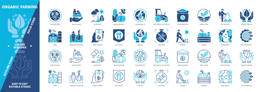 Organic Farming icon set. Ecology, Companion Planting, Agriculture, Green Manures, Mixed Cropping, Biotechnology, Farm, Crop Rotation. Duotone color solid and editable outline icons