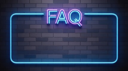 Obraz premium FAQ neon sign glowing on a dark brick wall background with copy space