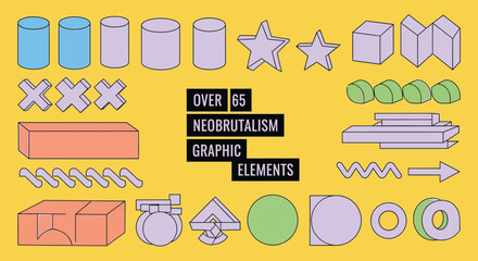 A vibrant collection of neobrutalism graphic elements on a yellow background