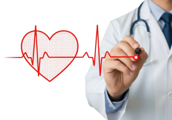 Doctor drawing a red heart shape with an electrocardiogram ecg line showing a healthy heartbeat rhythm isolated on transparent background
