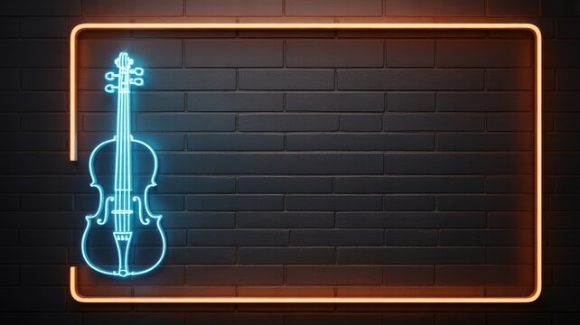 Neon violin sign glowing on a dark brick wall with illuminated frame