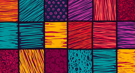 Vibrant abstract hand-drawn patterns in a colorful mosaic grid, featuring diverse textures and artistic doodles, perfect for creative backgrounds and modern graphic design projects