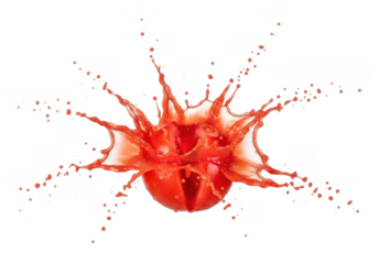 A ripe red tomato splashing into liquid creating a dramatic explosion of juice isolated on transparent background