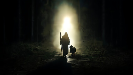 A lone shepherd and his dog are silhouetted as they emerge from a dark forest into a bright, mysterious light.