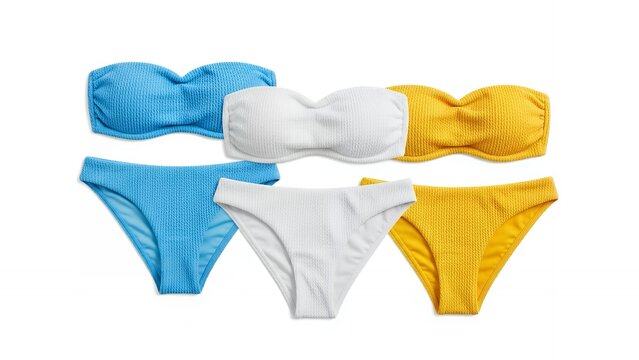 Vibrant Ribbed Bandeau Bikini Sets in Bright Blue, White, and Yellow for Summer Beach Vacations