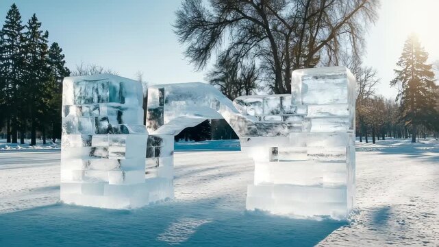 Ice Sculpture in a Winter Park Showcasing Artistic Design Under Clear Blue Skies
