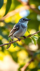 Obraz premium bird endemic to sri lanka Little grey songbird sitting on a twig with vibrant yellow and green bokeh background in a garden