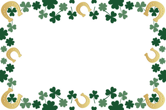 Border of clovers and horseshoes on transparent background