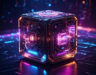 Futuristic, neon-lit digital cube with intricate circuit patterns