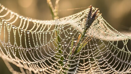 Close-up Macro of Dew-Covered Spider Web Shimmering in Vibrant Morning Sunlight 