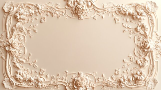 Ornate floral relief panel, decorative background, beige, wall design, digital art, for interior design