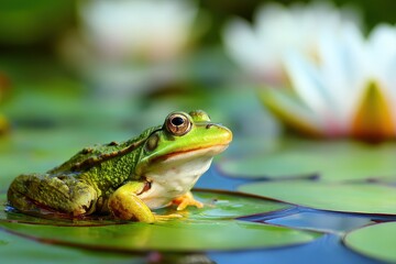 A vibrant green frog resting on a lilypad in water
