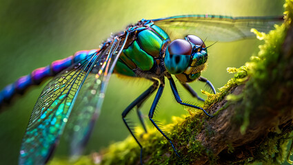 A macro closeup of a blue dragonfly with delicate wings resting on a vibrant green leaf amidst summer nature and wildlife fauna