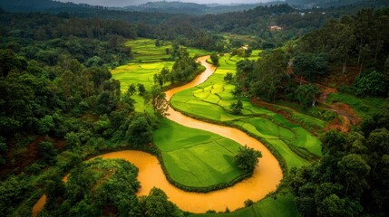 A winding river flowing through vibrant green fields and hills