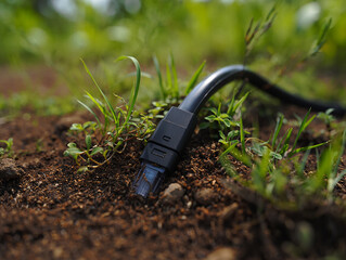 In spring, essential gardening tools like a watering can and hose rest on the fertile soil near green plants, ready for summer work and nature's growth