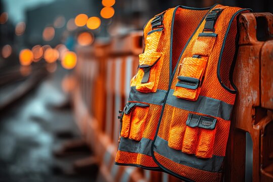 Close up photo of bright orange safety vest with reflective stripes